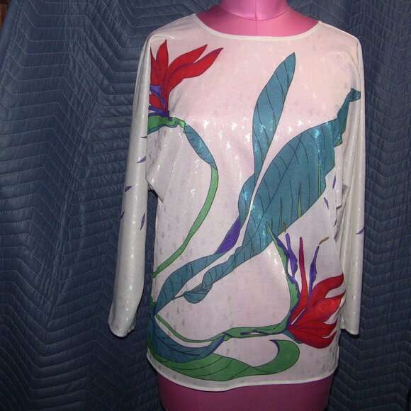 Vera Neumann Vintage 70s Tropical Leaves & Bird of Paradise Patterned Shirt - Picture 1 of 7